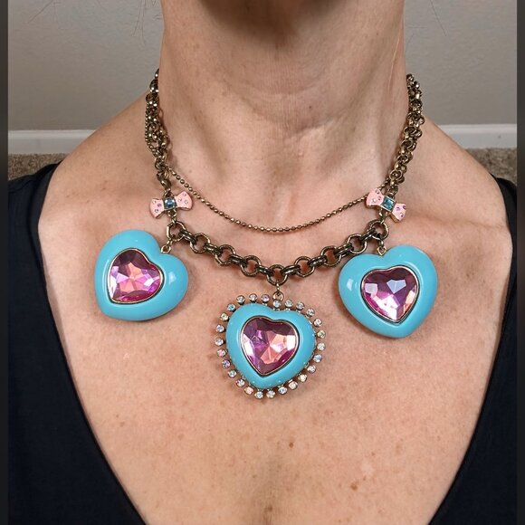 Betsey Johnson Hearts & Bows Necklace Chunky Pink & Blue with Gold Choker Boho - Picture 7 of 14